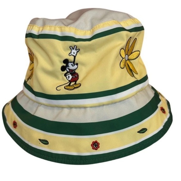 🆕 DISNEY Mickey Mouse Bucket Hat Embroidered Flowers Yellow Striped - Picture 1 of 5